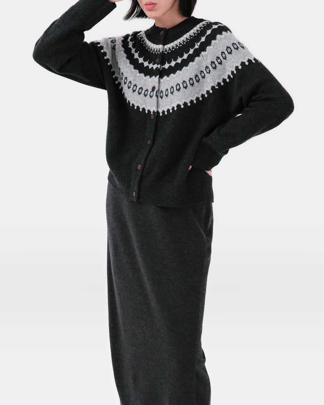 One yoke pattern that wraps around the neckline<br> Pure Cashmere Fair Isle Cardigan